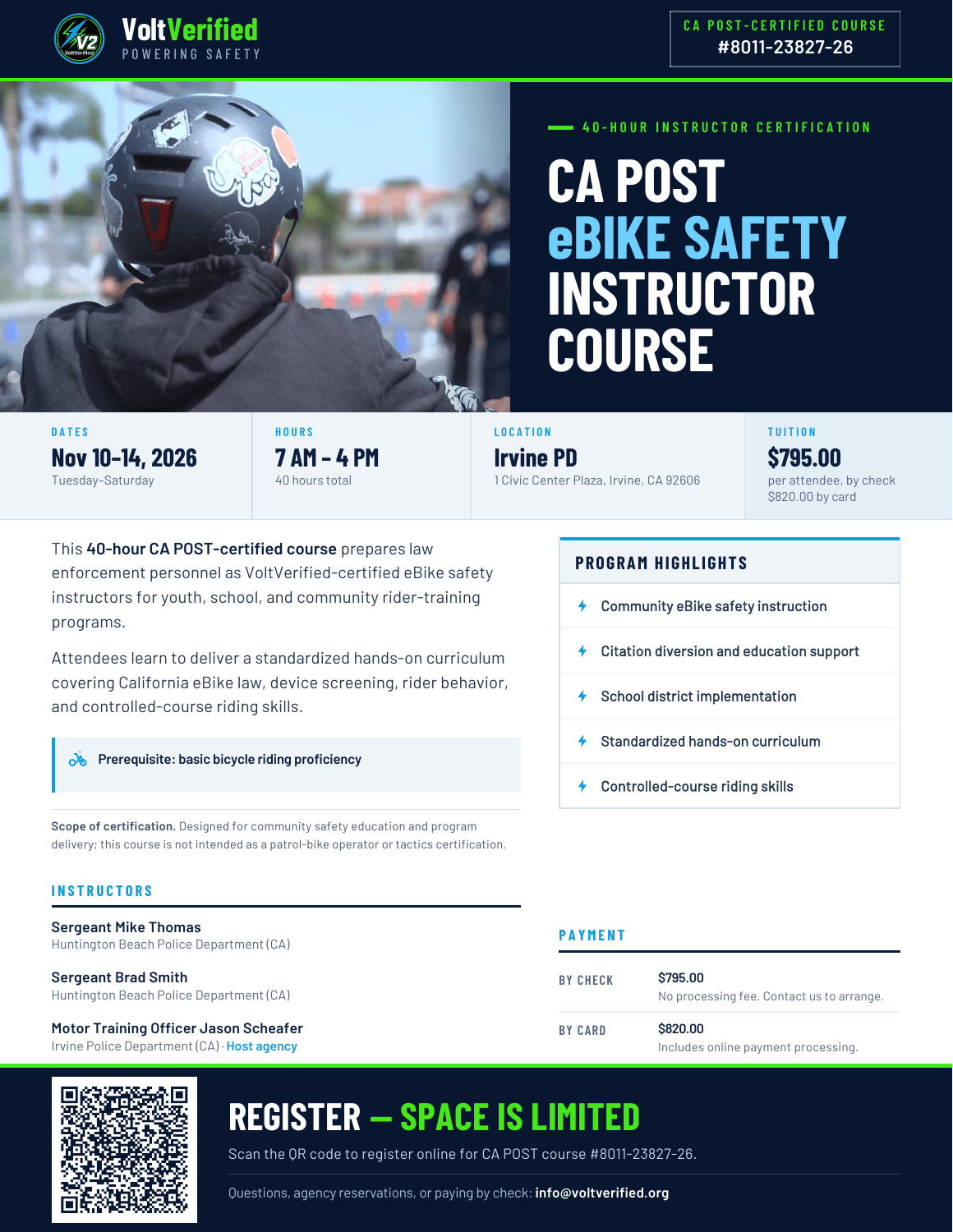 VoltVerified November 10–14, 2026 eBike Safety Instructor Course at Irvine PD